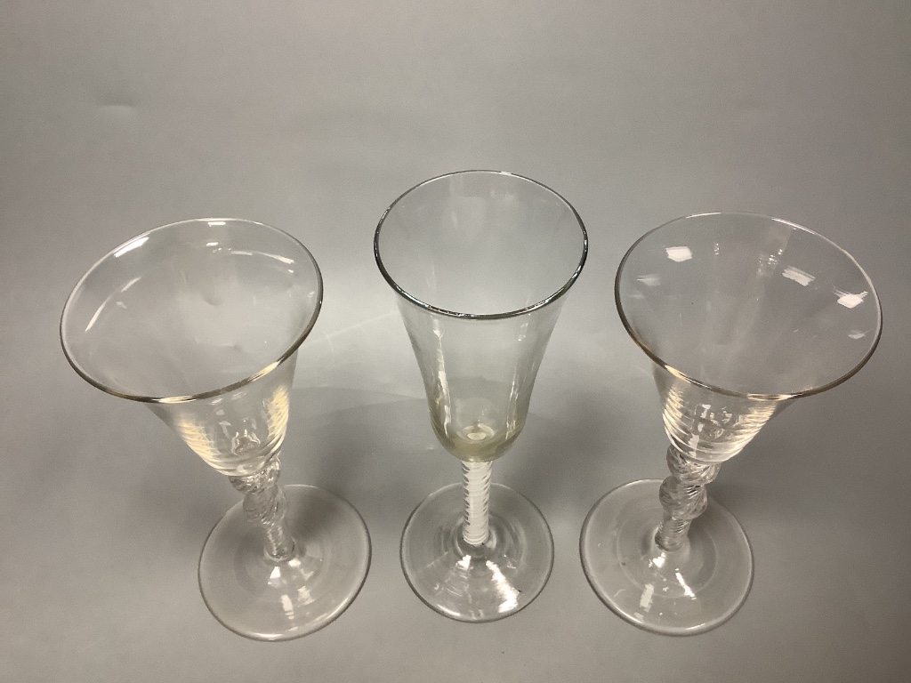 A George III double series opaque twist ale glass and pair of George III style air twist wine glasses, tallest 20cm